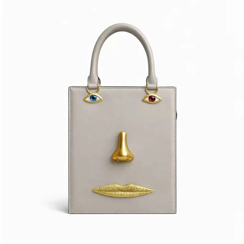 Face Art Leather Handbag – Gold-Tone Metal Accents