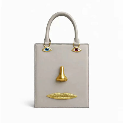 Face Art Leather Handbag – Gold-Tone Metal Accents