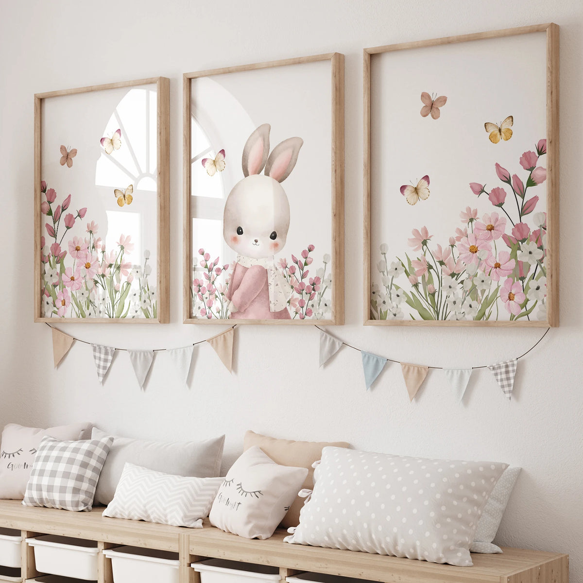 Bunny Flowers & Butterfly Wall Art Print – Kids Nursery