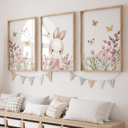 Bunny Flowers & Butterfly Wall Art Print – Kids Nursery