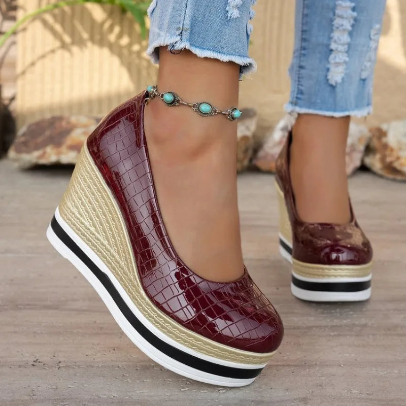 Round Toe Wedge Heels – Women's Patent Leather Pumps
