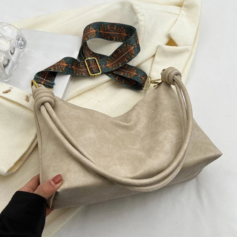 Soft Leather Geometric Wide Strap Shoulder Bag