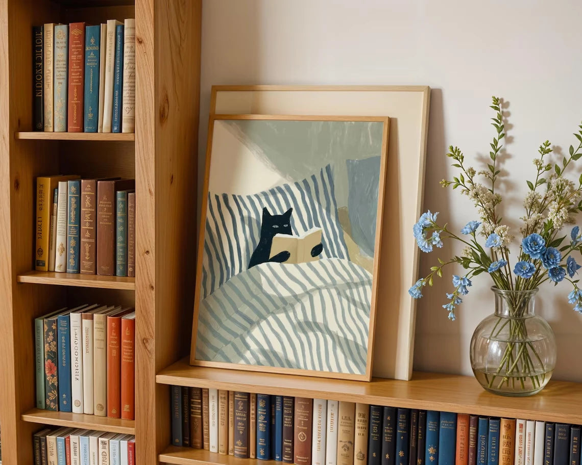 Black Cat Reading Wall Art Print – Cosy Bedroom Poster