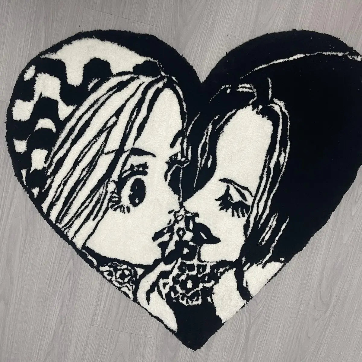 Black & White Comic Style Heart Rug – Manga Anime Decor Carpet for Bedroom & Living Room