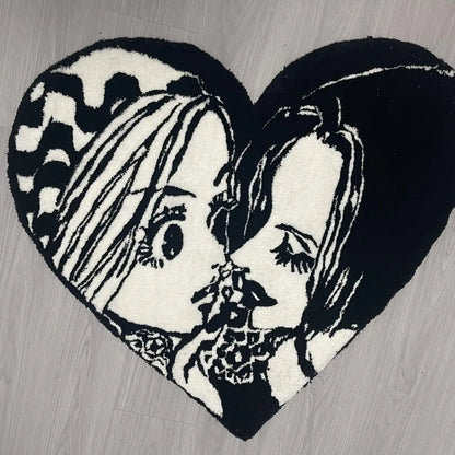Black & White Comic Style Heart Rug – Manga Anime Decor Carpet for Bedroom & Living Room