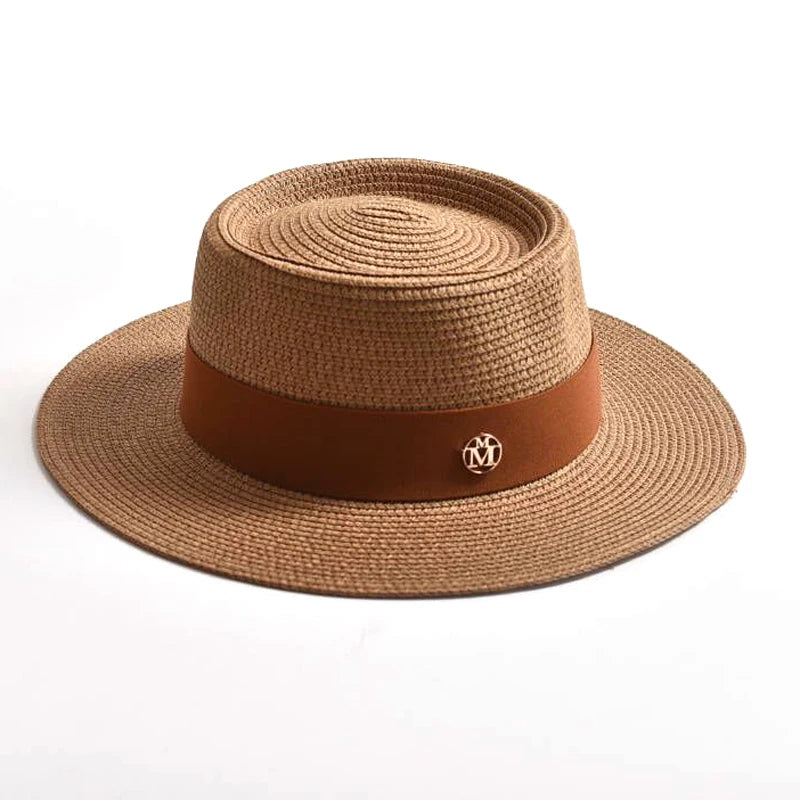 Women's Straw Sun Hat Flat Brim Ribbon Beach Hat