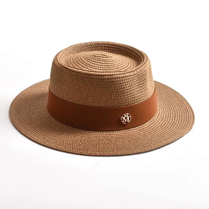 Women's Straw Sun Hat Flat Brim Ribbon Beach Hat