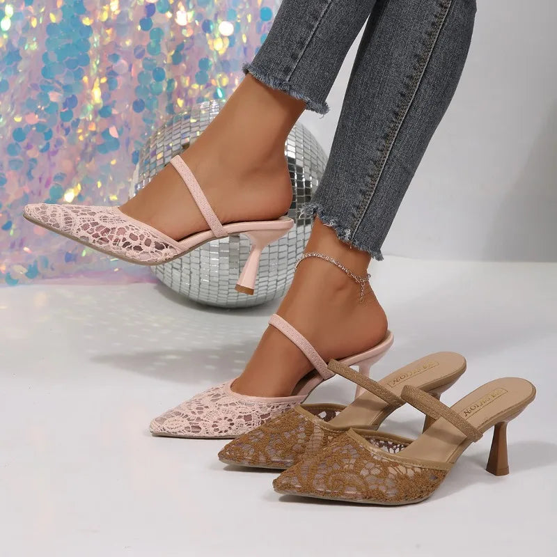 Lace Pointed Toe Mule Heels – Women's Stiletto Slingback Shoes