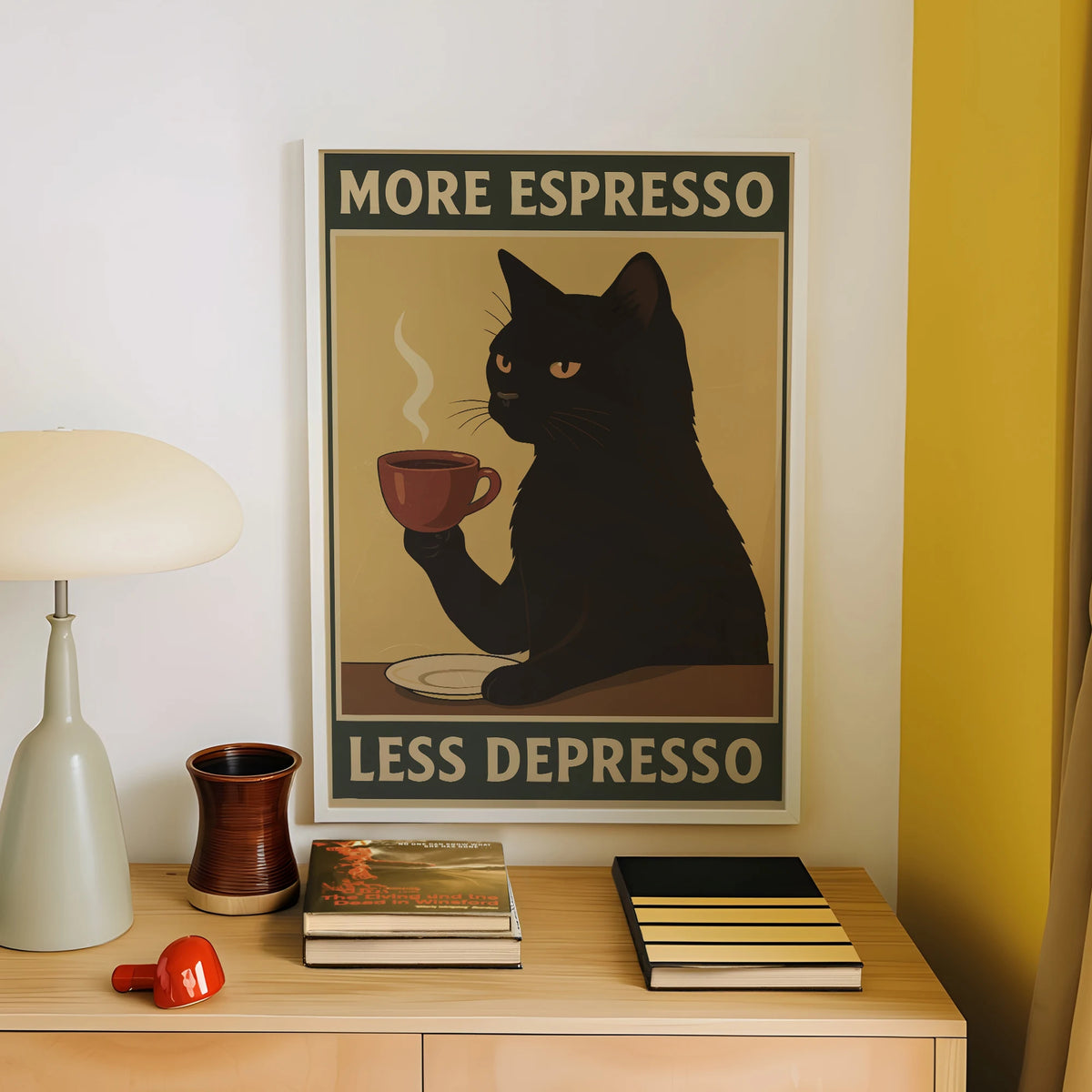 More Espresso Less Depresso Black Cat Wall Art Print
