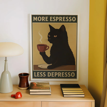 More Espresso Less Depresso Black Cat Wall Art Print