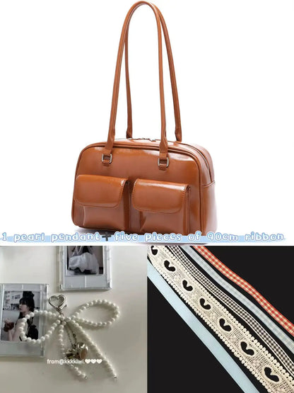 Retro White Bowling Bag Purse Women Hot Girls Leather Pocket