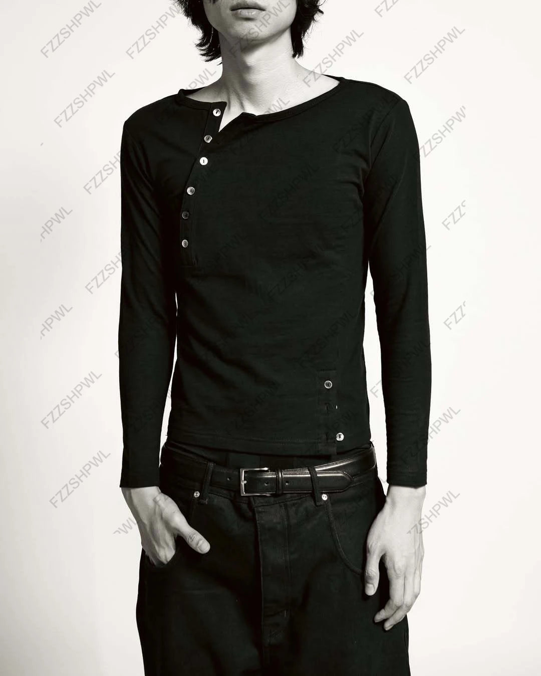 Y2K Men's Long Sleeve Button T-Shirt – Solid Color Cotton Top