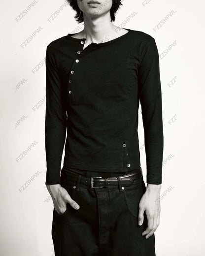 Y2K Men's Long Sleeve Button T-Shirt – Solid Color Cotton Top