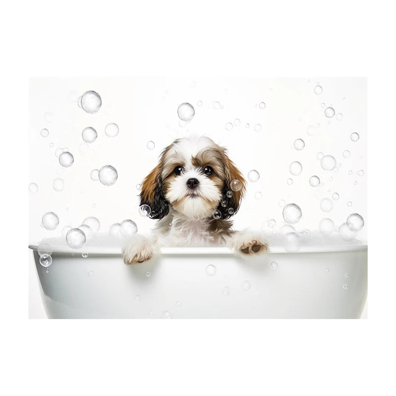 Cute Dog in Bathtub Wall Art Poster – Funny Puppy Canvas Print