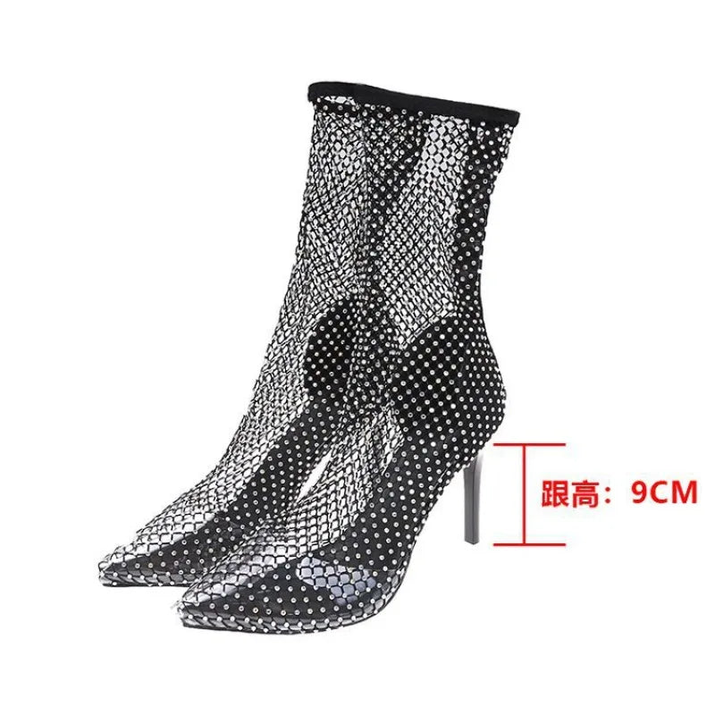 Women's Rhinestone Mesh Stiletto Ankle Boots – Pointed Toe Crystal Heels