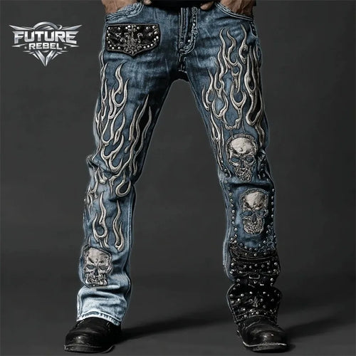 Skull Print Gothic Biker Denim Jeans – Y2K Streetwear Punk Hip Hop Pants