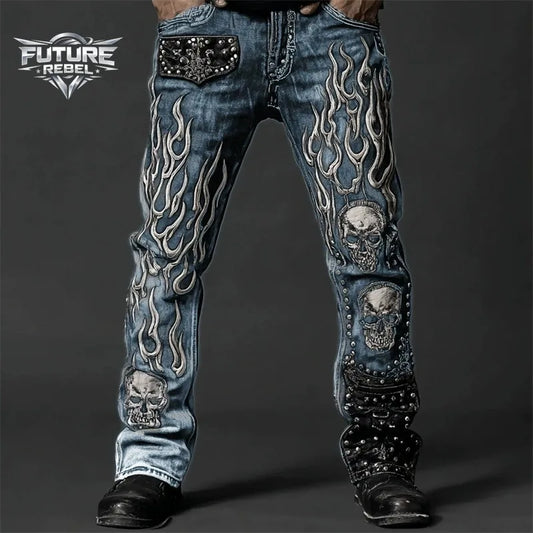 Skull Print Gothic Biker Denim Jeans – Y2K Streetwear Punk Hip Hop Pants