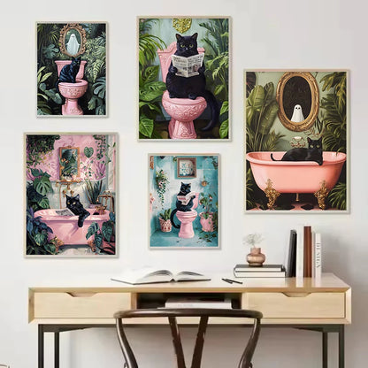 Black Cat Reading Newspaper Bathroom Poster – Funny Wall Art Print