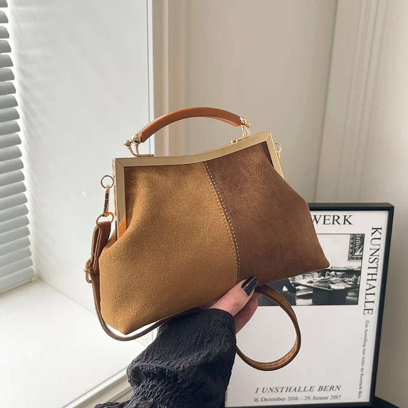 Suede Frame Bag with Wooden Handle for Women – Vintage Retro