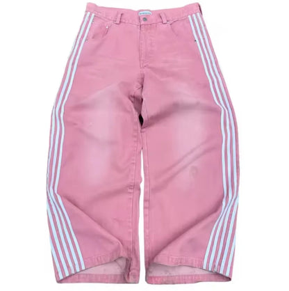 Y2K Baggy Wide-Leg Jeans with Side Stripe – Harajuku Streetwear