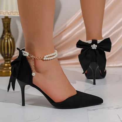 Women's Pearl Ankle Strap Stiletto Heels – Bow Pointed Toe Wedding Pumps