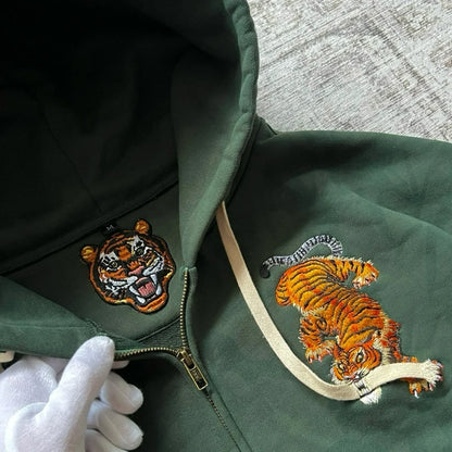 Tiger Embroidered Double Zip Hoodie – Unisex Y2K Streetwear