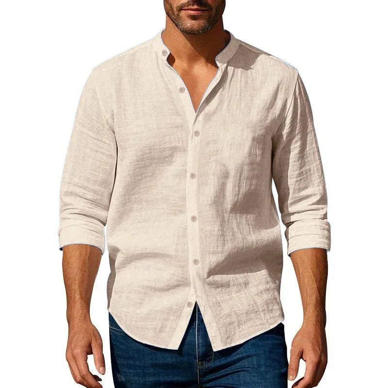 Men's Cotton Linen Long Sleeve Shirt – Slim Fit Henley Button-Up