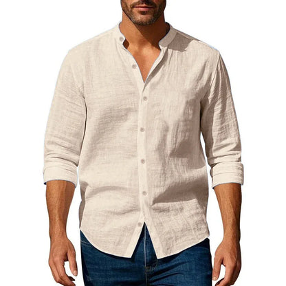 Men's Cotton Linen Long Sleeve Shirt – Slim Fit Henley Button-Up