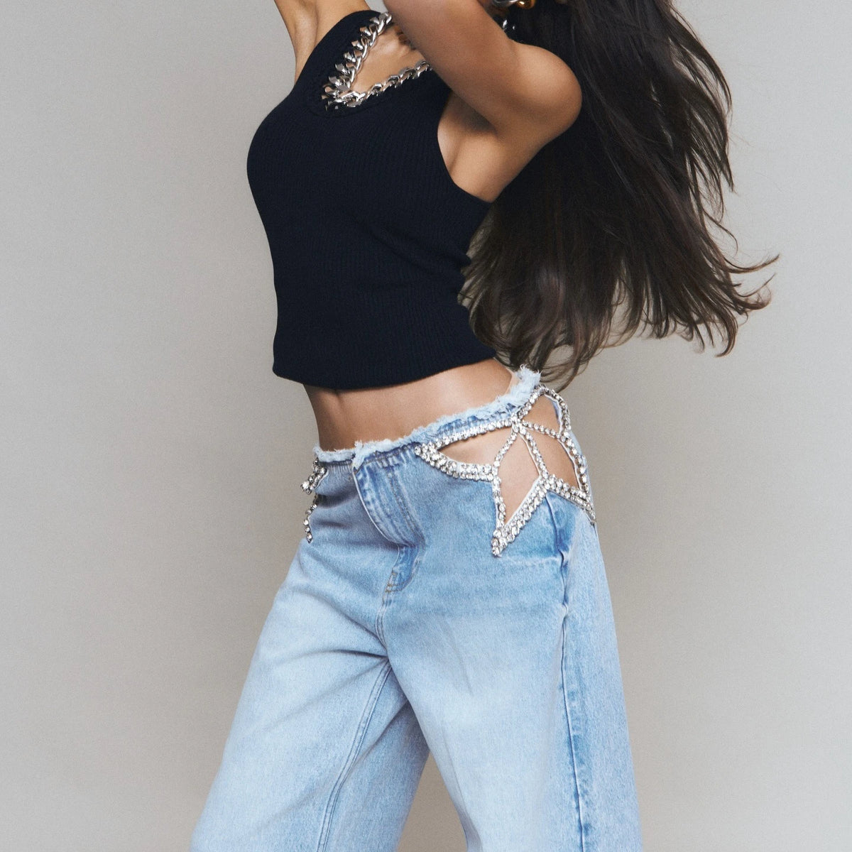 Rhinestone Star Hollow Out Wide Leg Jeans – Women's Goth Streetwear Denim