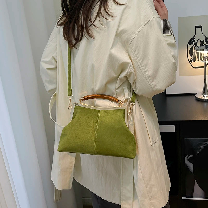 Suede Frame Bag with Wooden Handle for Women – Vintage Retro