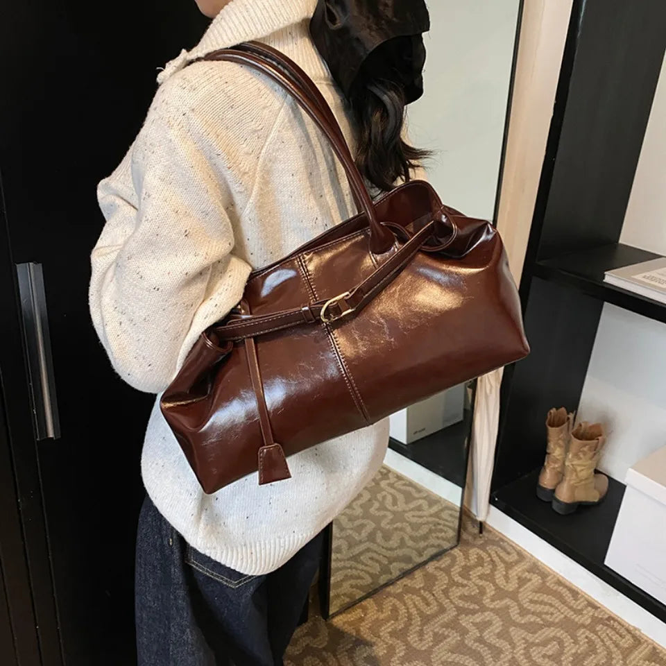 Leather Hobo Shoulder Bag – Retro Oil PU Large Tote for Women