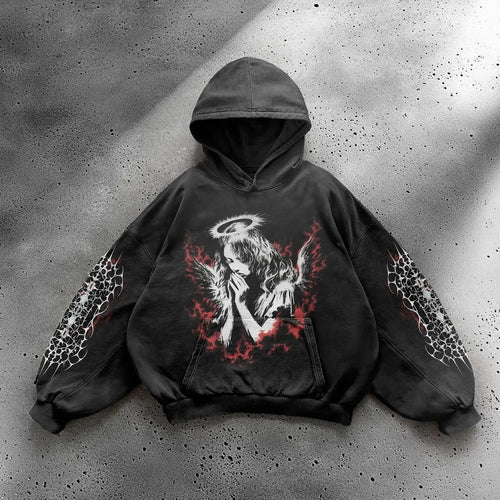 Oversized Goth Anime Hoodie – Y2K Angel Girl Graphic Print Streetwear