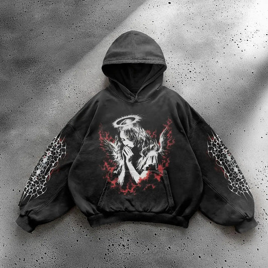 Oversized Goth Anime Hoodie – Y2K Angel Girl Graphic Print Streetwear