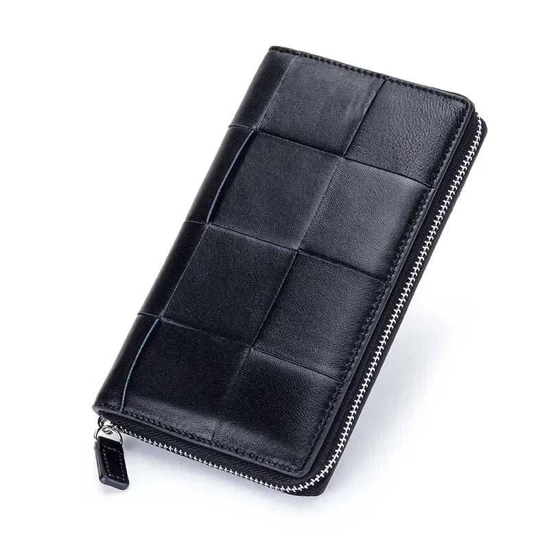 Genuine Leather Women's Long Wallet – Woven Zipper Clutch
