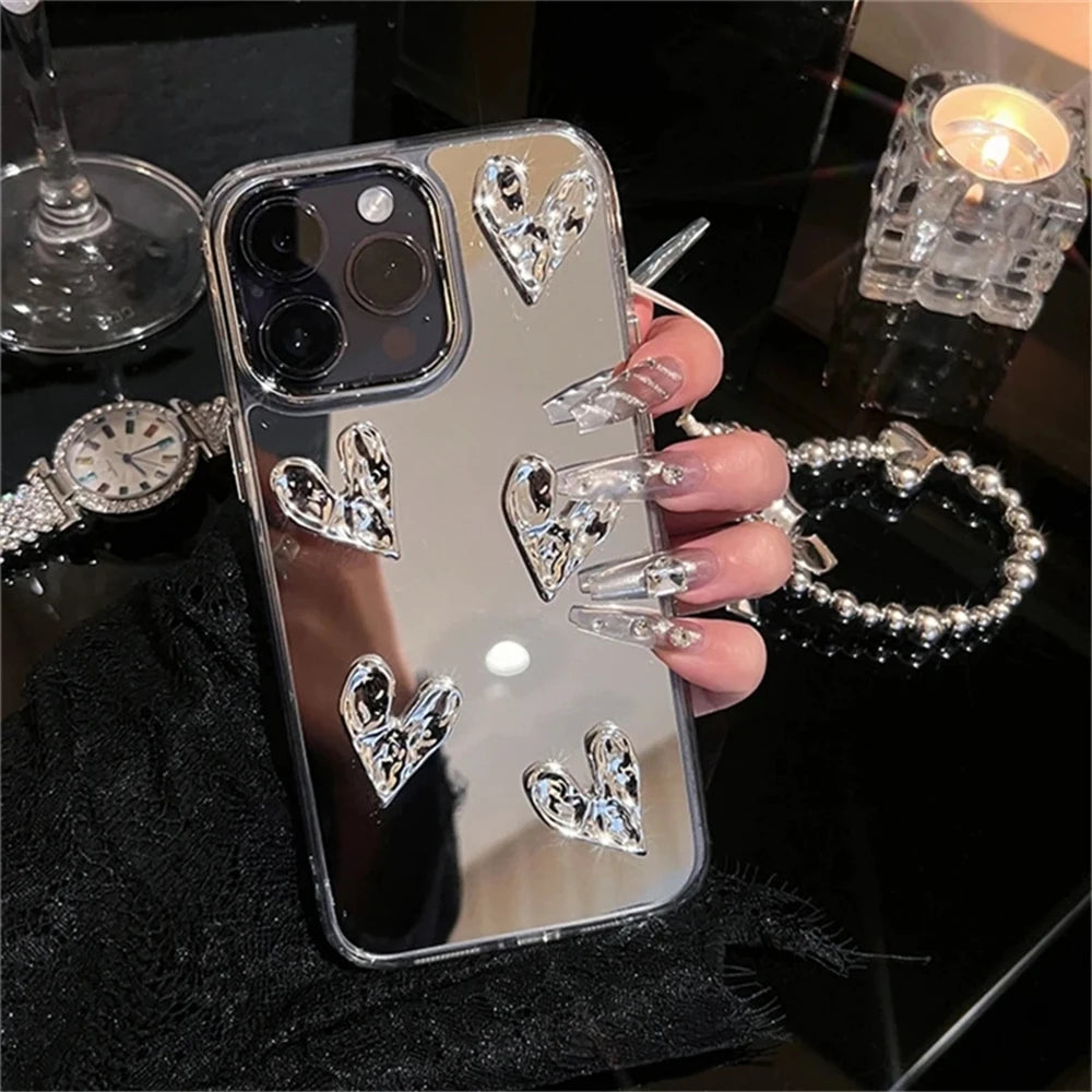 3D Heart Mirror iPhone Case with Silver Bracelet Chain