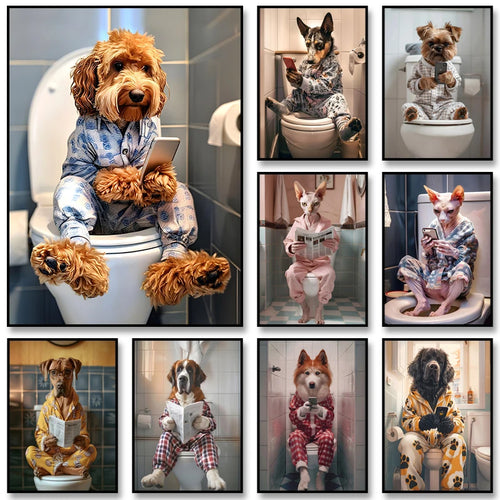 Funny Dog Bathroom Poster – Dog Reading Newspaper on Toilet Wall Art