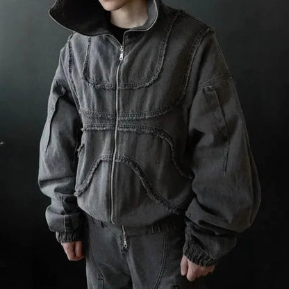 Mens Hoodie Harajuku American Street Streetwear Washed Distressed Zip Up Hooded Sweatshirt Loose Fit