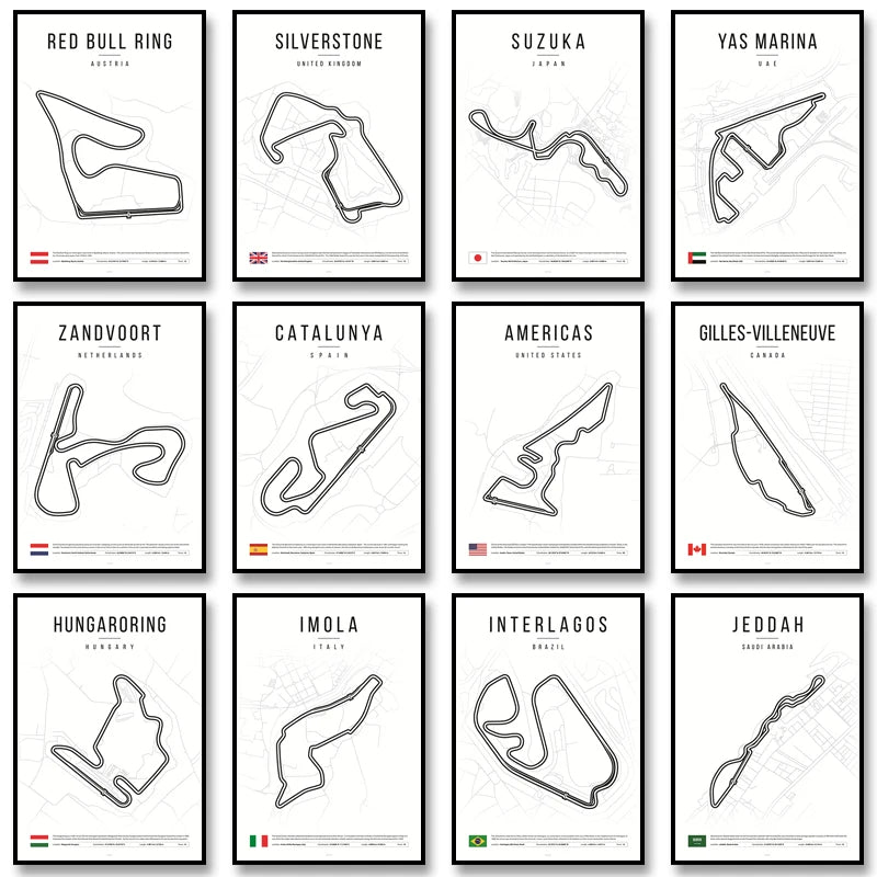 F1 Race Track Map Poster – Formula 1 Circuit Wall Art Print