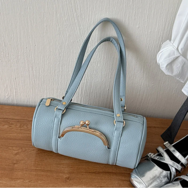 Vintage Cylinder Shoulder Bag With Kiss-lock Closure Soft Leather