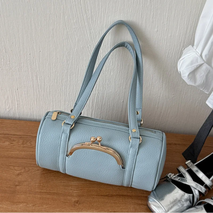 Vintage Cylinder Shoulder Bag With Kiss-lock Closure Soft Leather