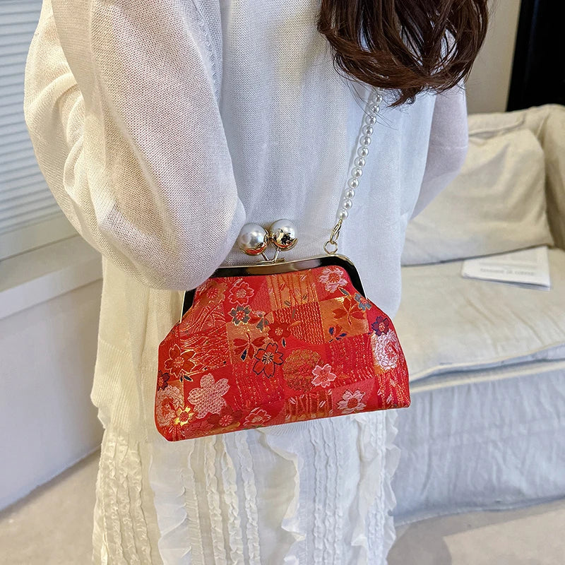 Floral Embroidery Kiss-Lock Shoulder Bag with Pearl Chain