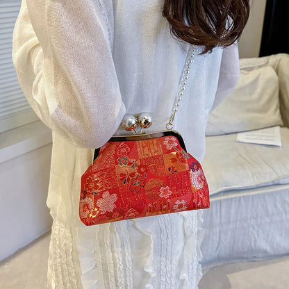 Floral Embroidery Kiss-Lock Shoulder Bag with Pearl Chain