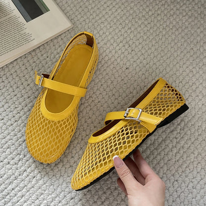 Eilyken Mesh Flat Shoes – Women's Buckle Strap Round Toe Flats