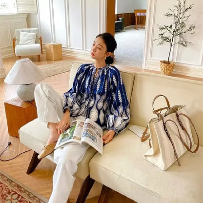 Large Capacity Striped Canvas Tote Bag with Leather Trim