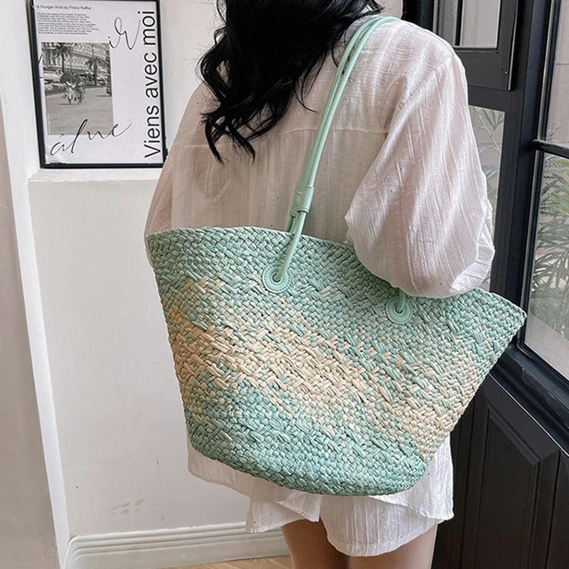 Colorful Straw Woven Beach Bag Large Capacity Underarm Basket Bag