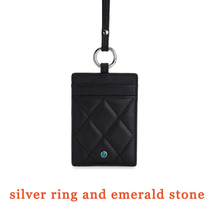 Hiram Beron Luxury Leather ID Card Holder with Neck Strap & Gemstone