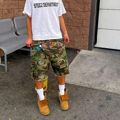Camo Cargo Shorts Graffiti Print Unisex Y2K Streetwear