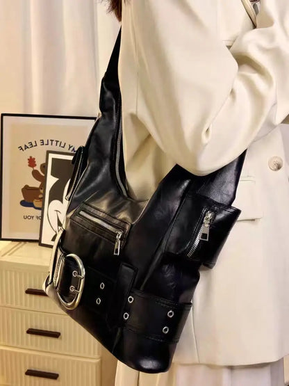 High Street Black Shoulder Bags Cool Hot Girls Leather Y2k
