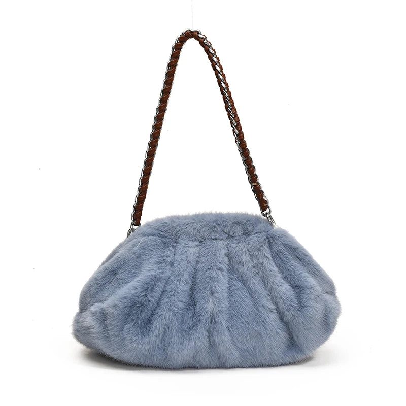 Pleated Design Faux Fur Shoulder Bags