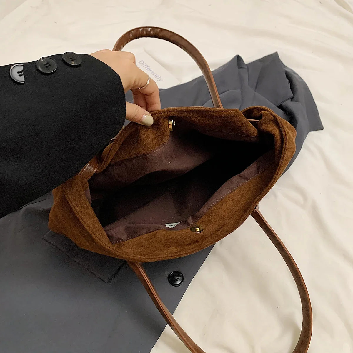 Nubuck Leather Shoulder Tote Bag – Women's Y2K Handbag